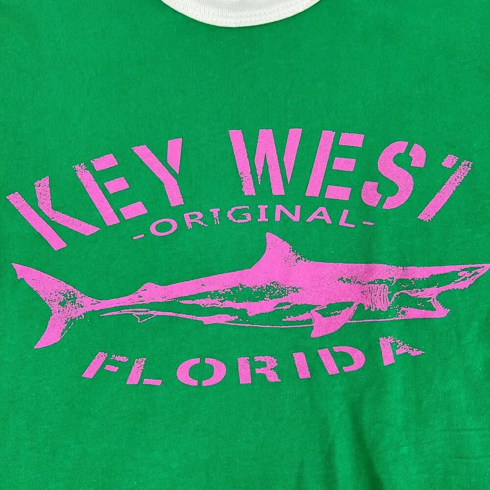 Key West Retro Ringer T Shirt Short Sleeve Green Pink Size M